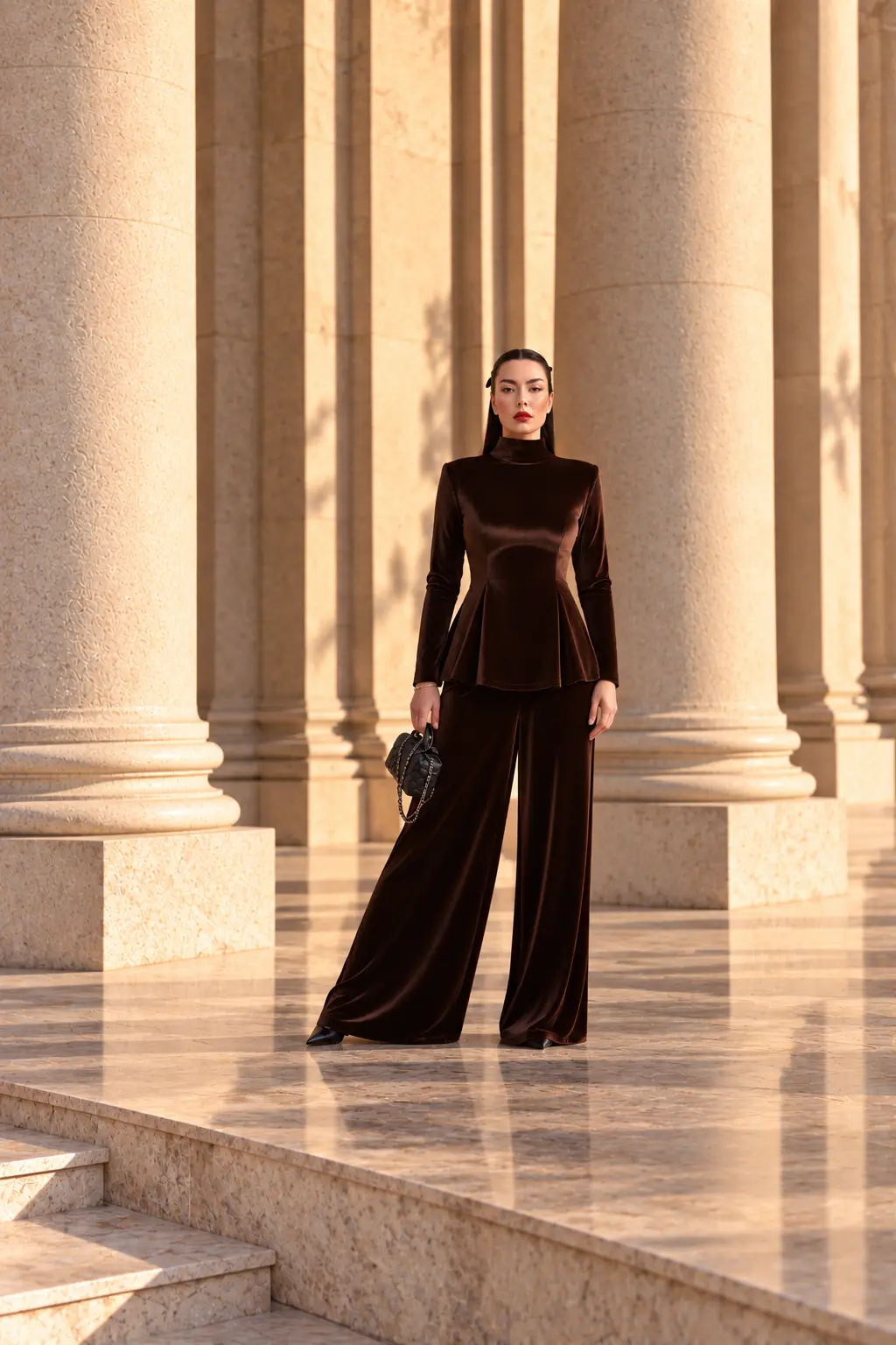 6260 - Peplum Bluz Palazzo Kadife İkili Takım Kahve - Görsel 2
