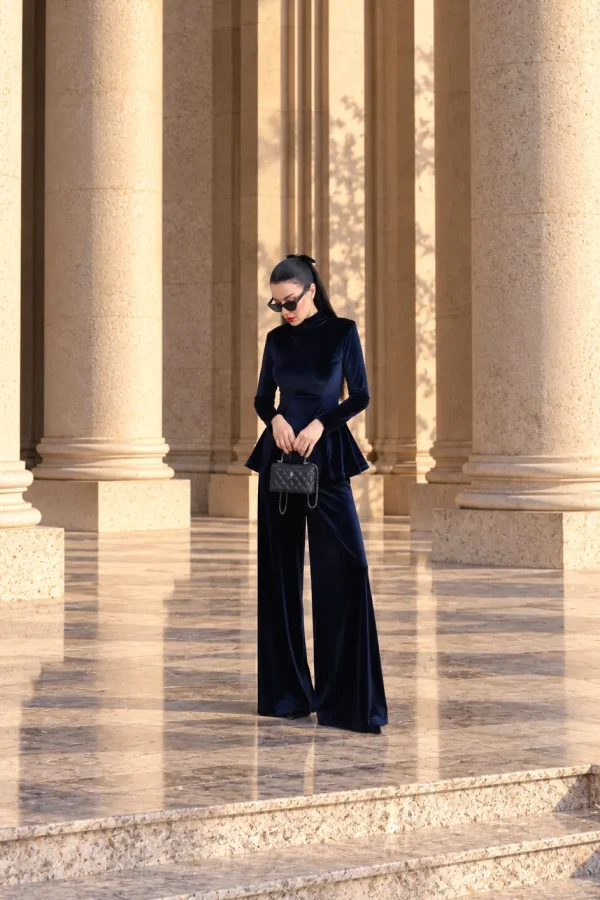 6259 - Peplum Bluz Palazzo Kadife İkili Takım Lacivert