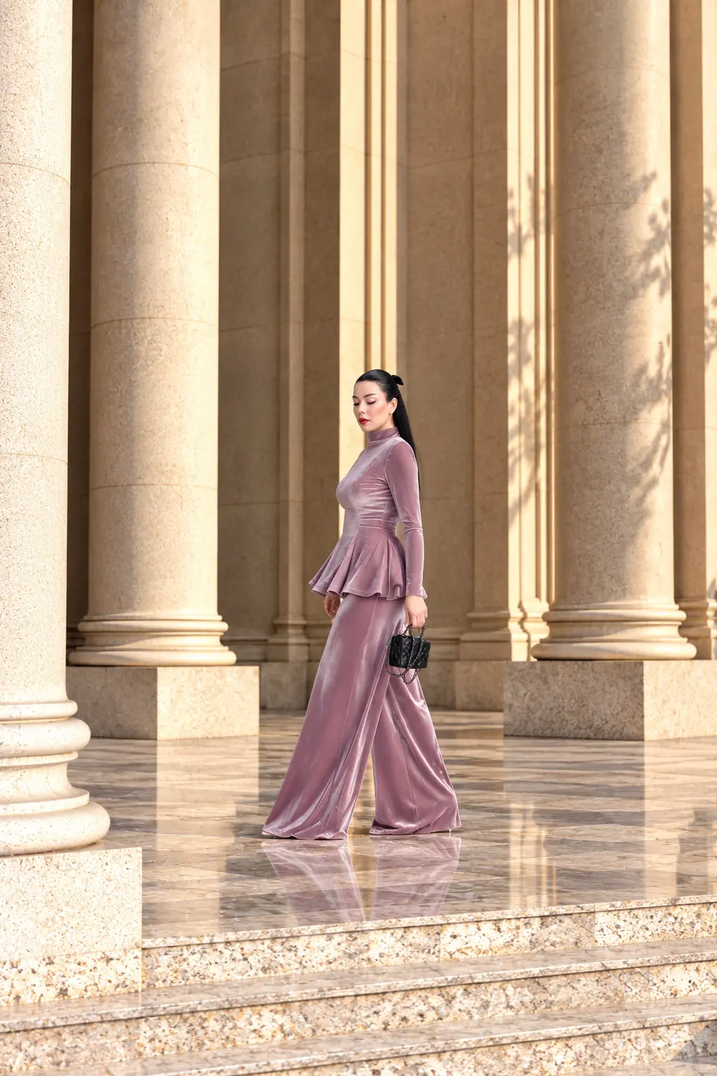6257 - Peplum Bluz Palazzo Kadife İkili Takım Pudra Pembe - Görsel 3