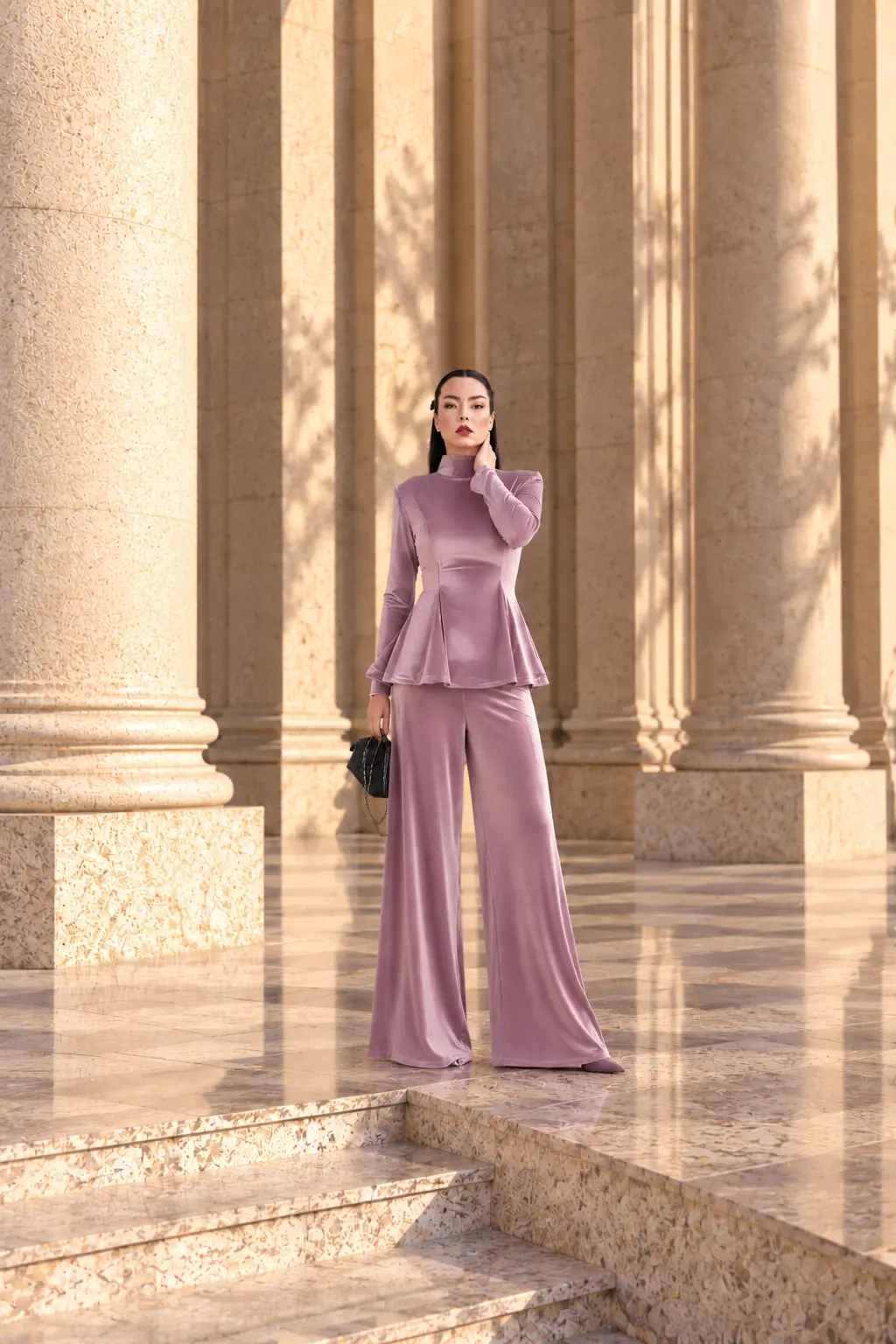 6257 - Peplum Bluz Palazzo Kadife İkili Takım Pudra Pembe - Görsel 2