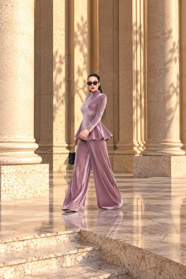 6257 - Peplum Bluz Palazzo Kadife İkili Takım Pudra Pembe