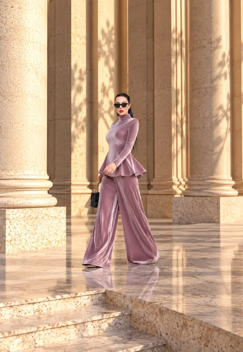 6257 - Peplum Bluz Palazzo Kadife İkili Takım Pudra Pembe