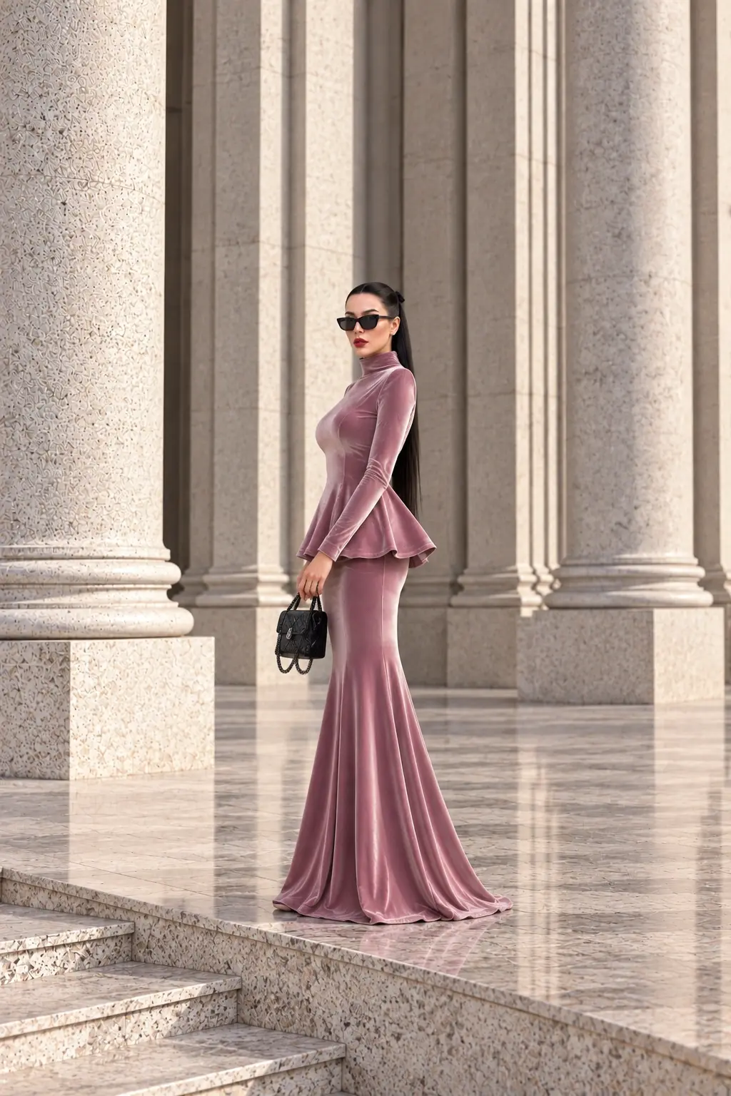 6263 - Peplum Bluz Balık Etek İkili Takım Pudra Pembe - Görsel 2