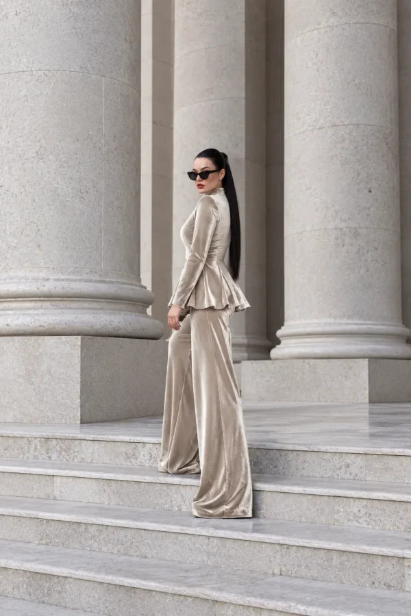6261 - Peplum Bluz Palazzo Kadife İkili Takım Bej