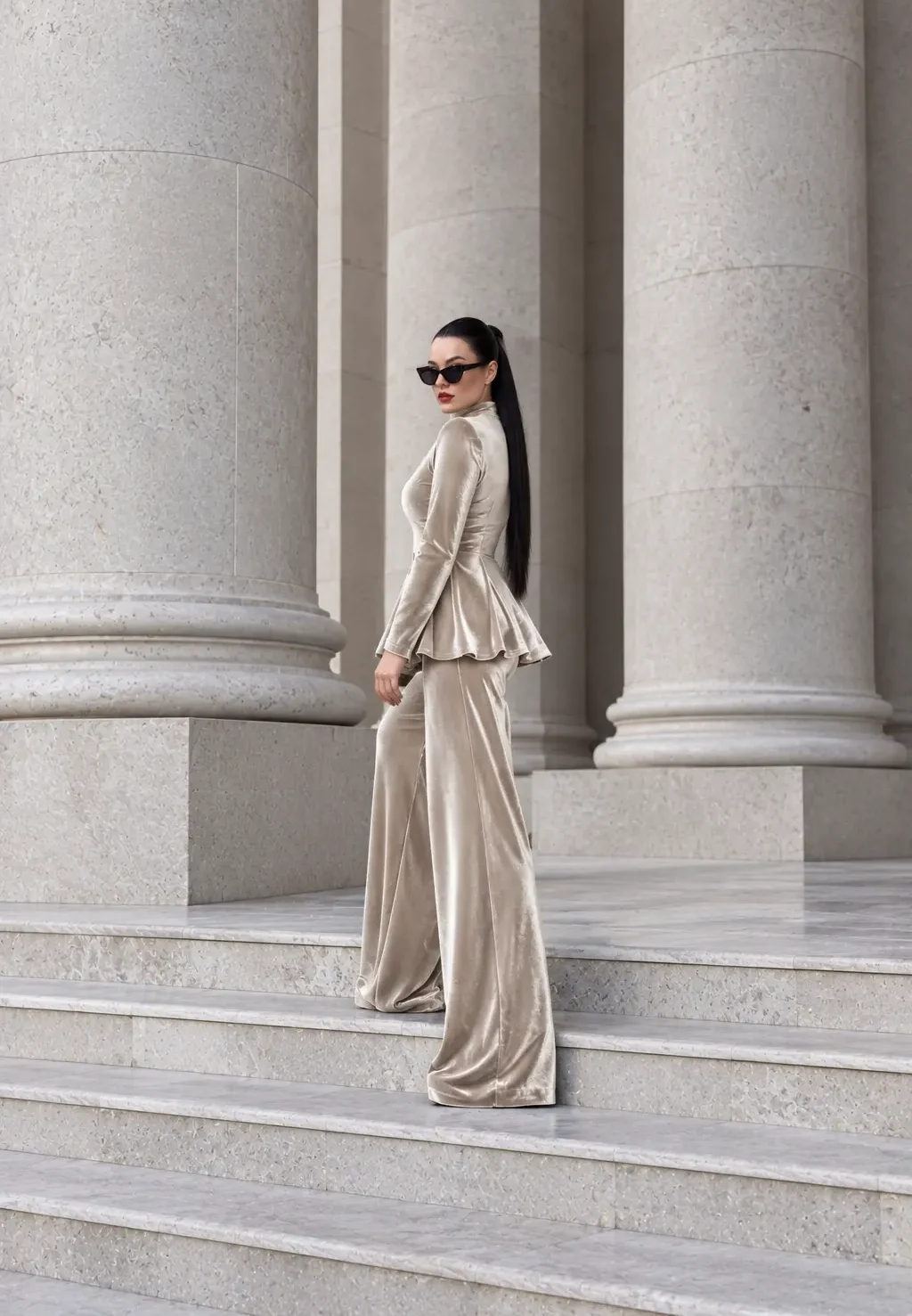 6261 - Peplum Bluz Palazzo Kadife İkili Takım Bej
