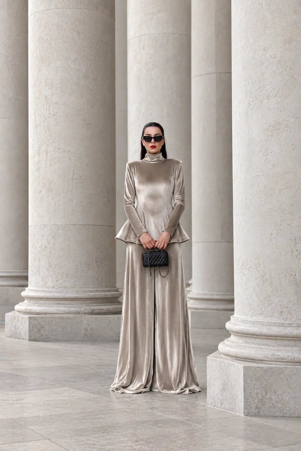 6261 - Peplum Bluz Palazzo Kadife İkili Takım Bej - Görsel 3