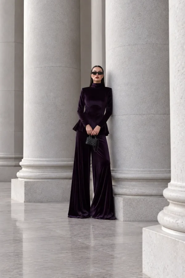 6262 - Peplum Bluz Palazzo Kadife İkili Takım Mor