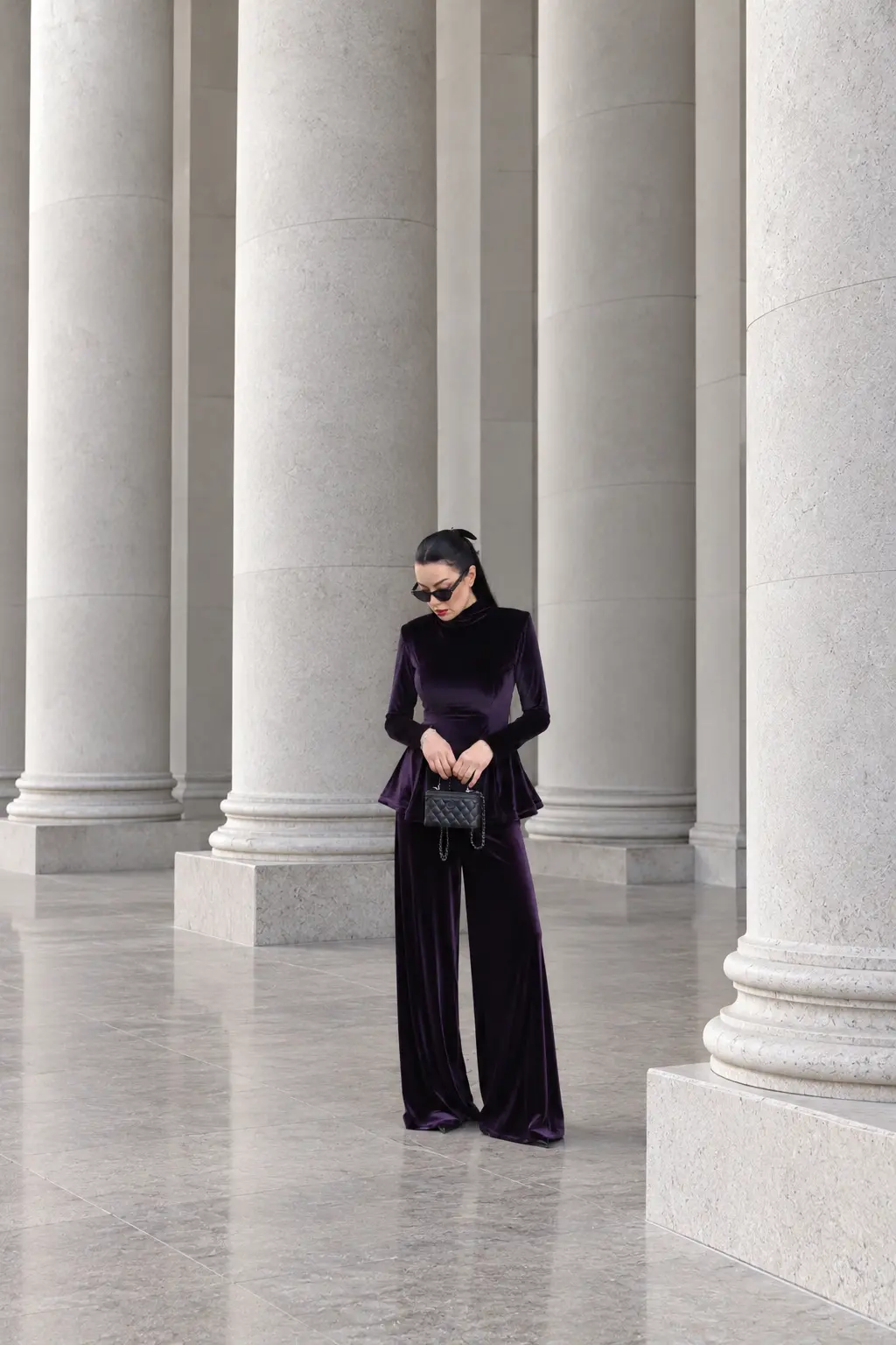 6262 - Peplum Bluz Palazzo Kadife İkili Takım Mor - Görsel 4