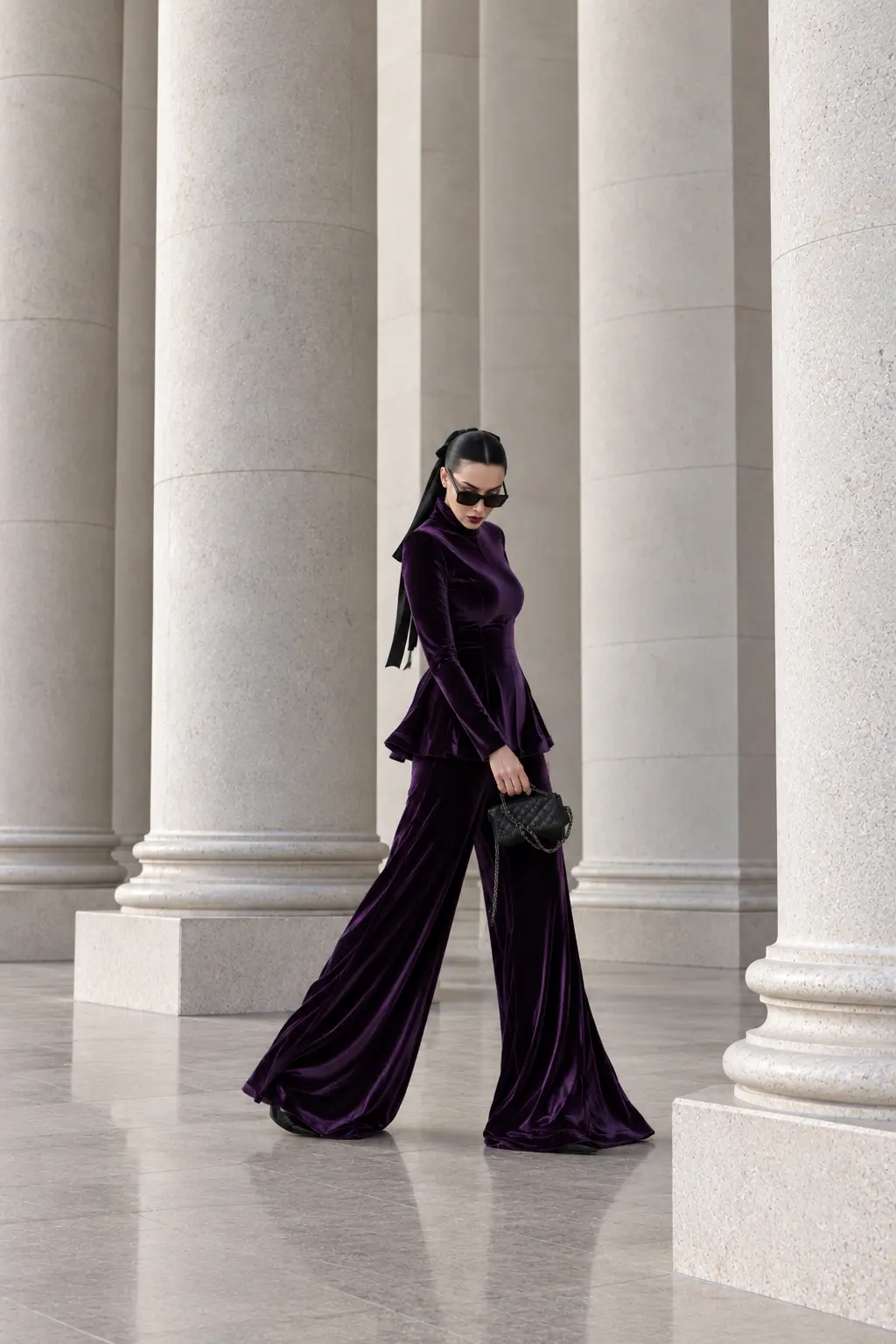 6262 - Peplum Bluz Palazzo Kadife İkili Takım Mor - Görsel 3