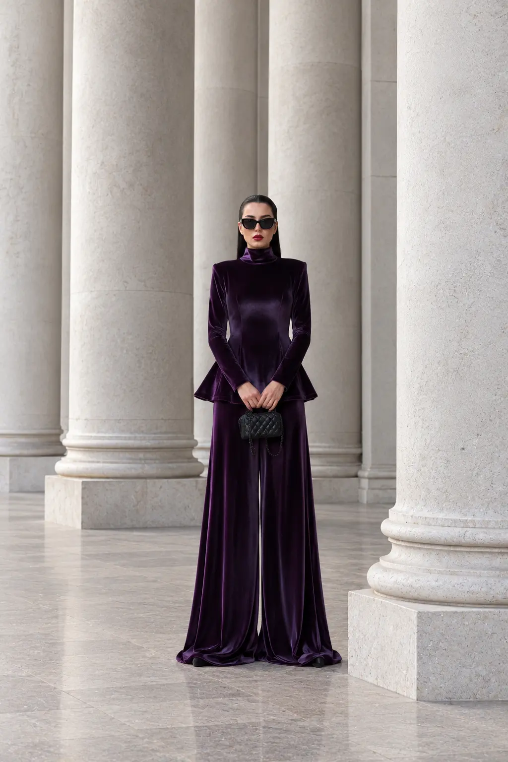 6262 - Peplum Bluz Palazzo Kadife İkili Takım Mor - Görsel 2